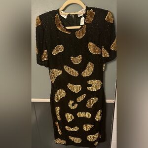 Silky Nites Black Gold Silk Cocktail Dress Size 10